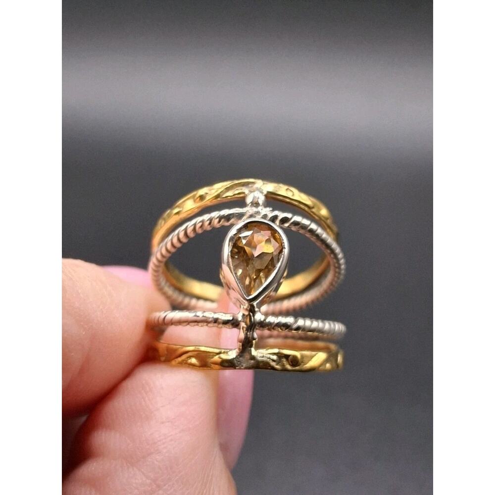 Two Tone Citrine, Sterling Silver & Gold Vermeil, Size 6, Bohemian Artisan Style